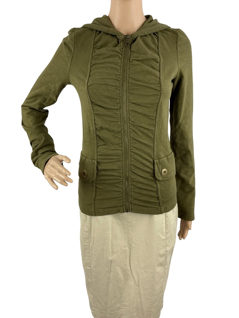 Wearables XCVI Ruched Full Zip Hoodie Jacket Green Size XS - Picture 2 of 8